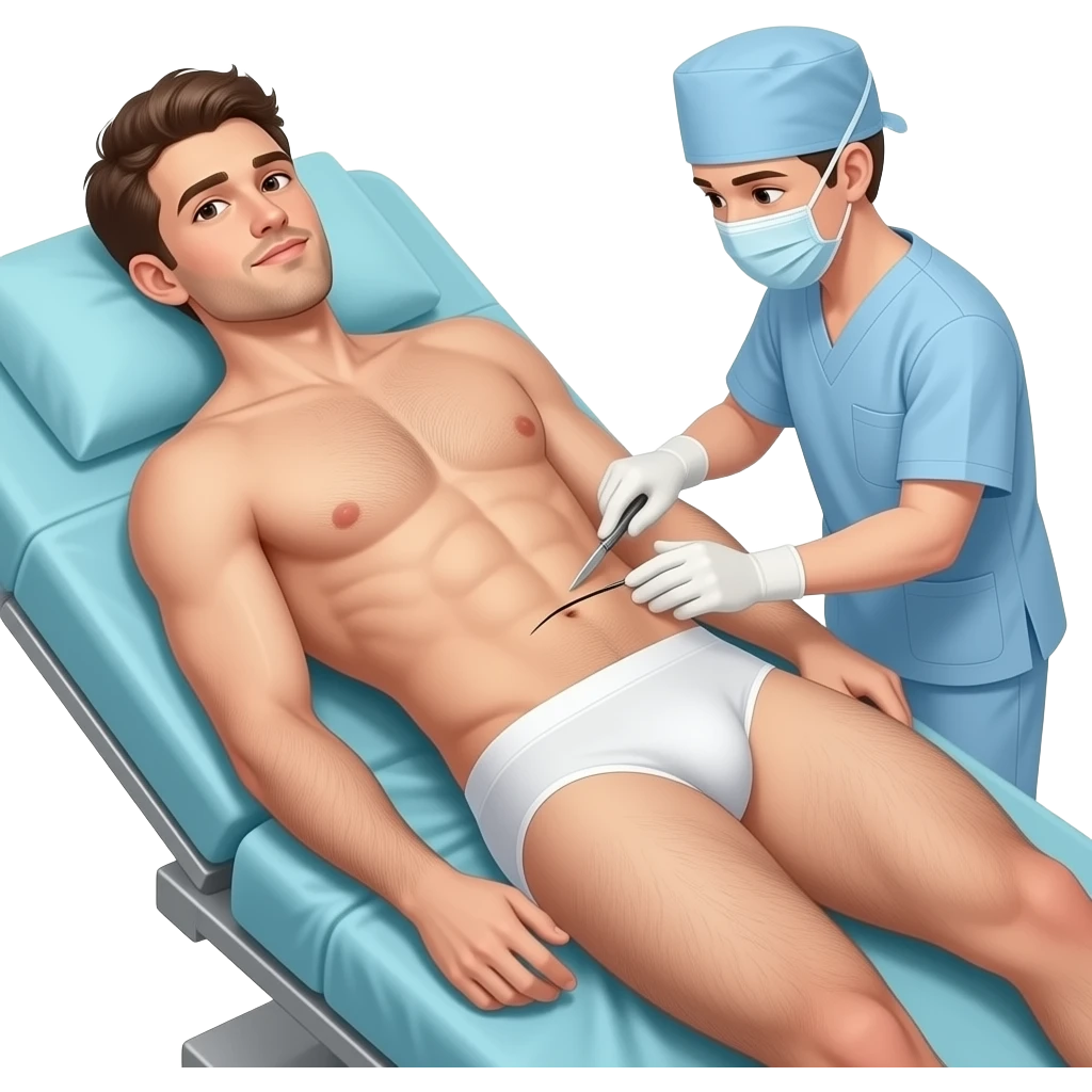 A guy about 23 years old, handsome, full-length, completely naked without panties, genitals, penis 20 cm, has six-pack abs, He has natural body hair on his arms, legs, and a faint line of hair below his navel. He lies in operating table . The surgeon uses a scalpel to make a cut in guy stomach. emoji