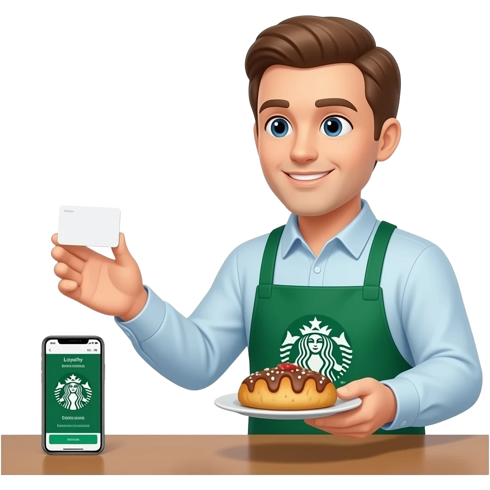 Please show hands of customer left hand they should be paying with their card, have their phone on the table with the starbucks loyalty point and the cahsier should be handing them a pastry emoji