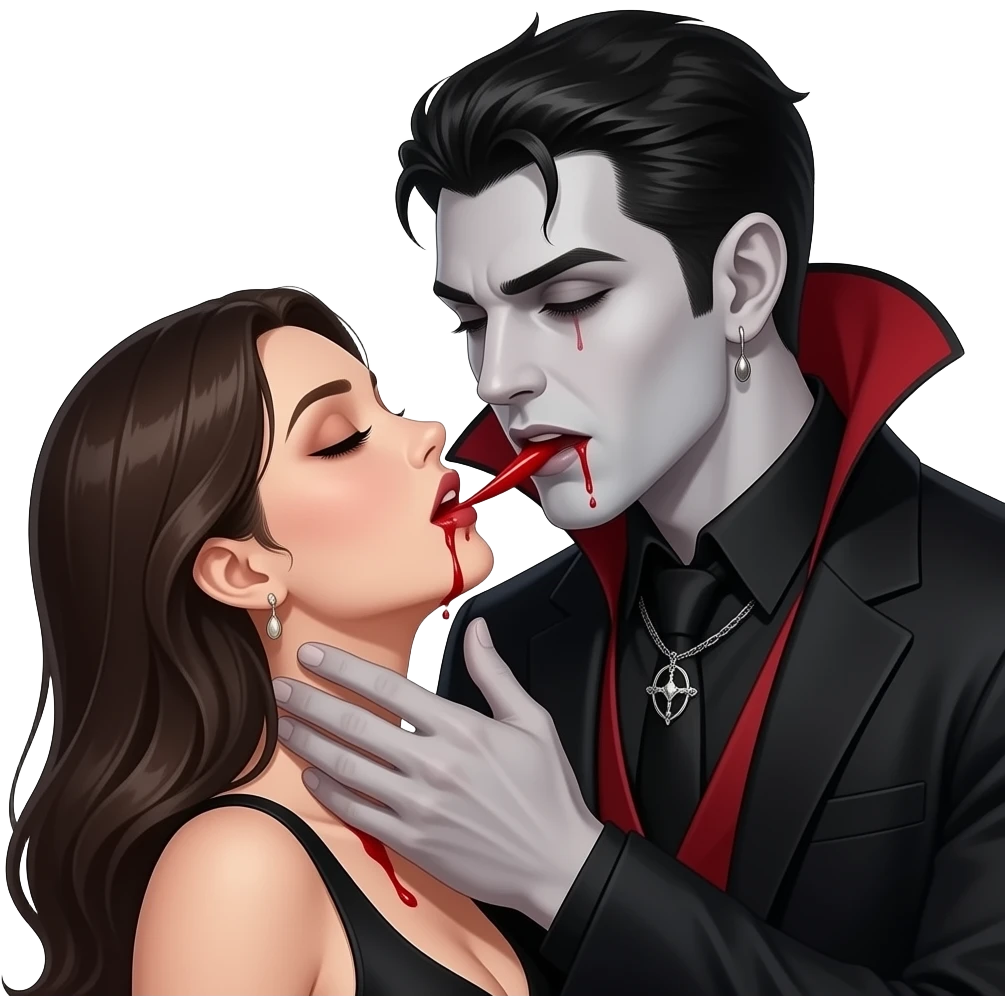 Closeup of a sexy gothic vampire-man biting a neck of a woman with blood from his mouth emoji