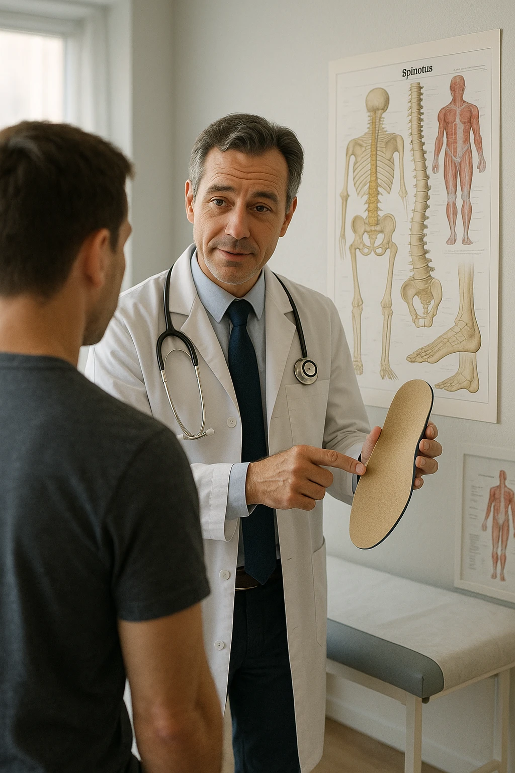 A realistic, cinematic illustration of a professional male doctor in his mid-40s, wearing a white coat, calmly explaining to a patient the benefits of using orthopedic insoles (plantari) for posture correction. The doctor holds a custom insole in his hand while pointing gently to a detailed anatomical poster showing the human spine, pelvis, and feet, illustrating the connection between foot alignment and posture. The setting is a bright, clean medical office with soft natural lighting, a treatment table, and educational anatomical charts in the background. The patient, seen from behind, listens attentively, while the doctor maintains a warm, knowledgeable expression, emphasizing preventive care and body alignment through plantar support. The scene feels trustworthy, modern, and health-focused. emoji
