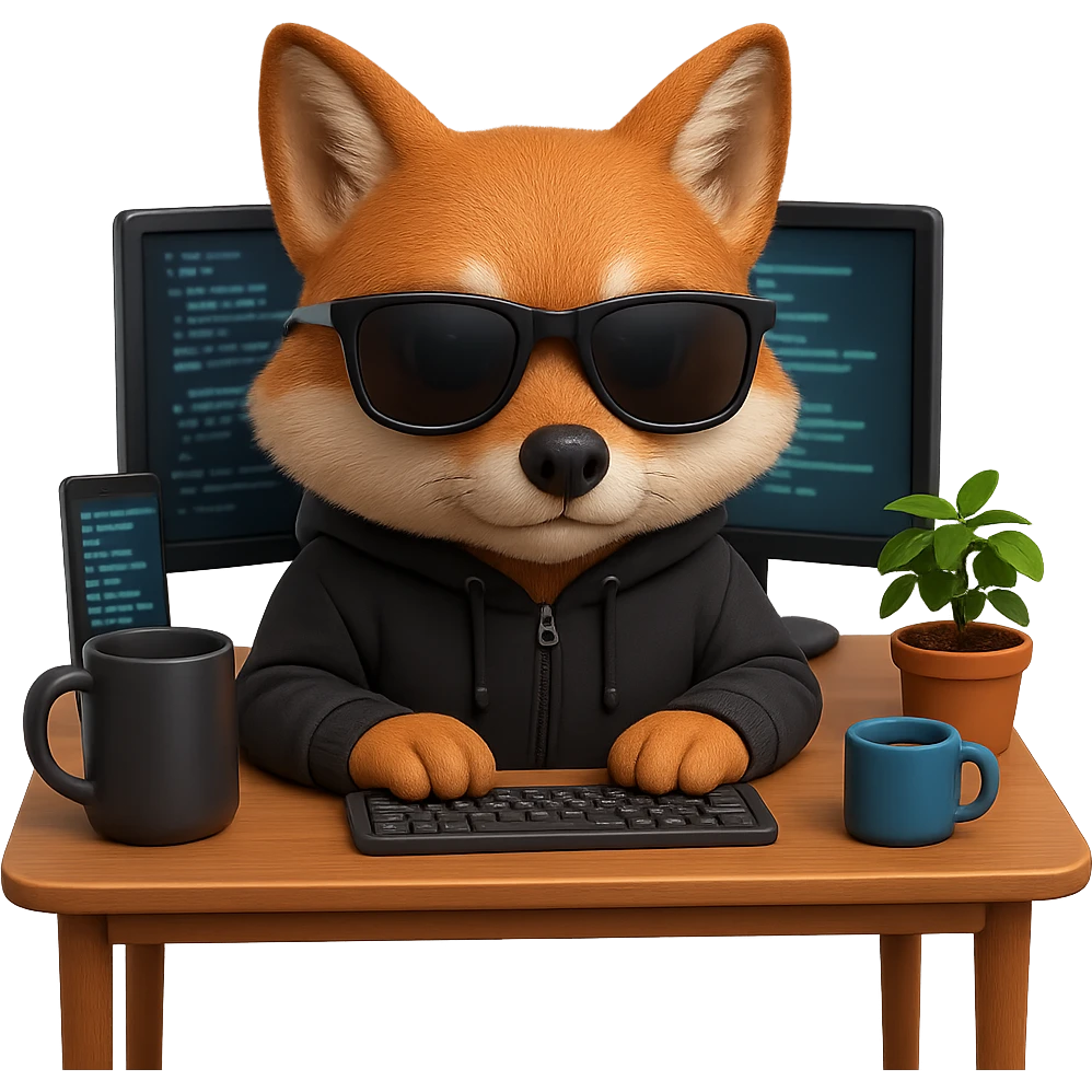 Make the fox realistic, a fox programmer hacker wearing a hoodie and glasses, sitting at a computer. Style: emoji style, no text, transparent background. emoji