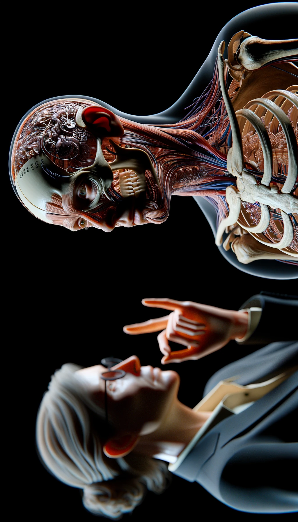 corpo umano anatomico che parla ma sopra di lui c'è il muto, un altra persona lo ascolta, immagine iperrealistica 4k emoji