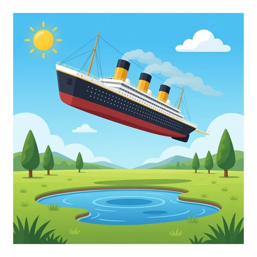 The ship Titanic flies above a shallow puddle of water - horizontally emoji