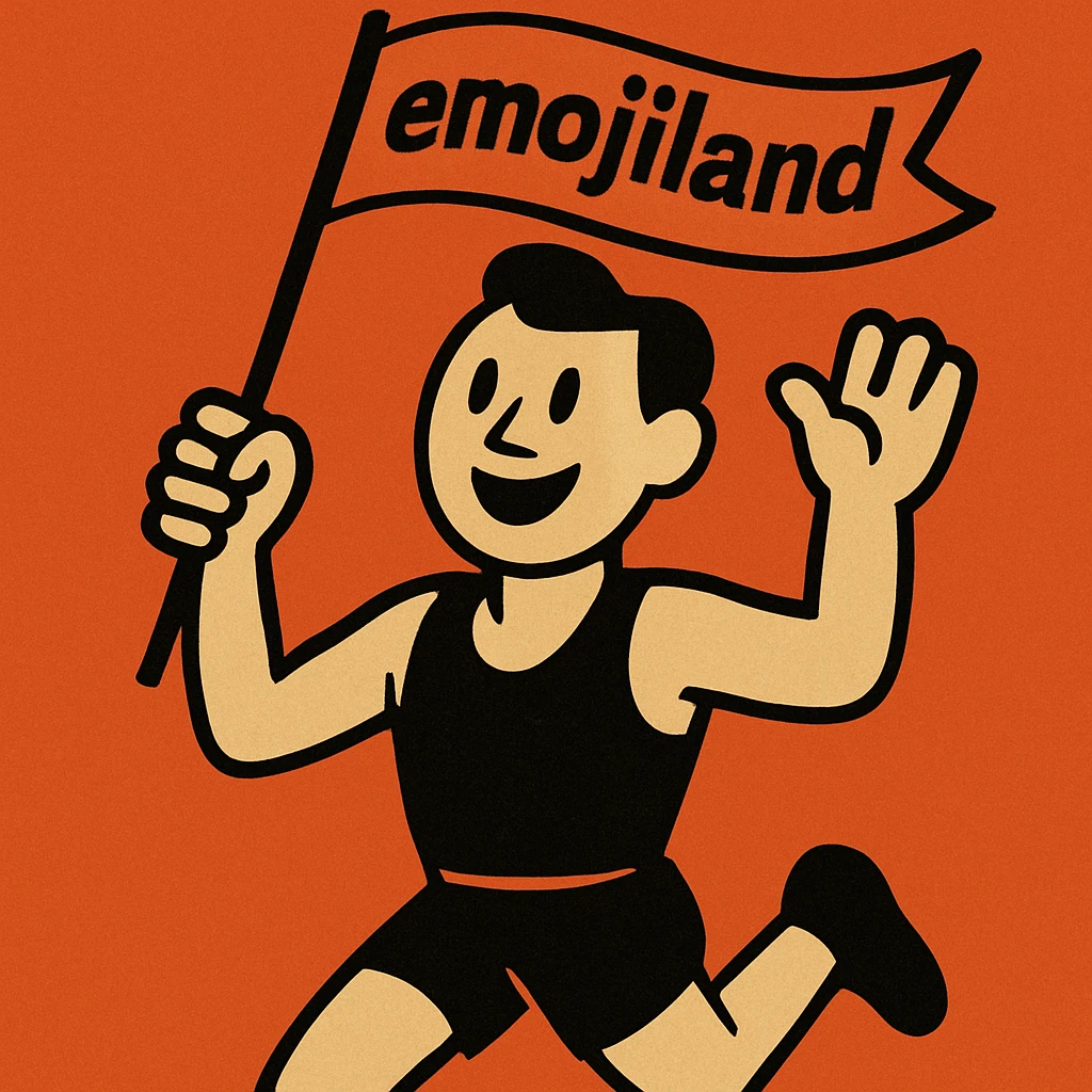 happy runner waving a flag that says 'emojiland' emoji