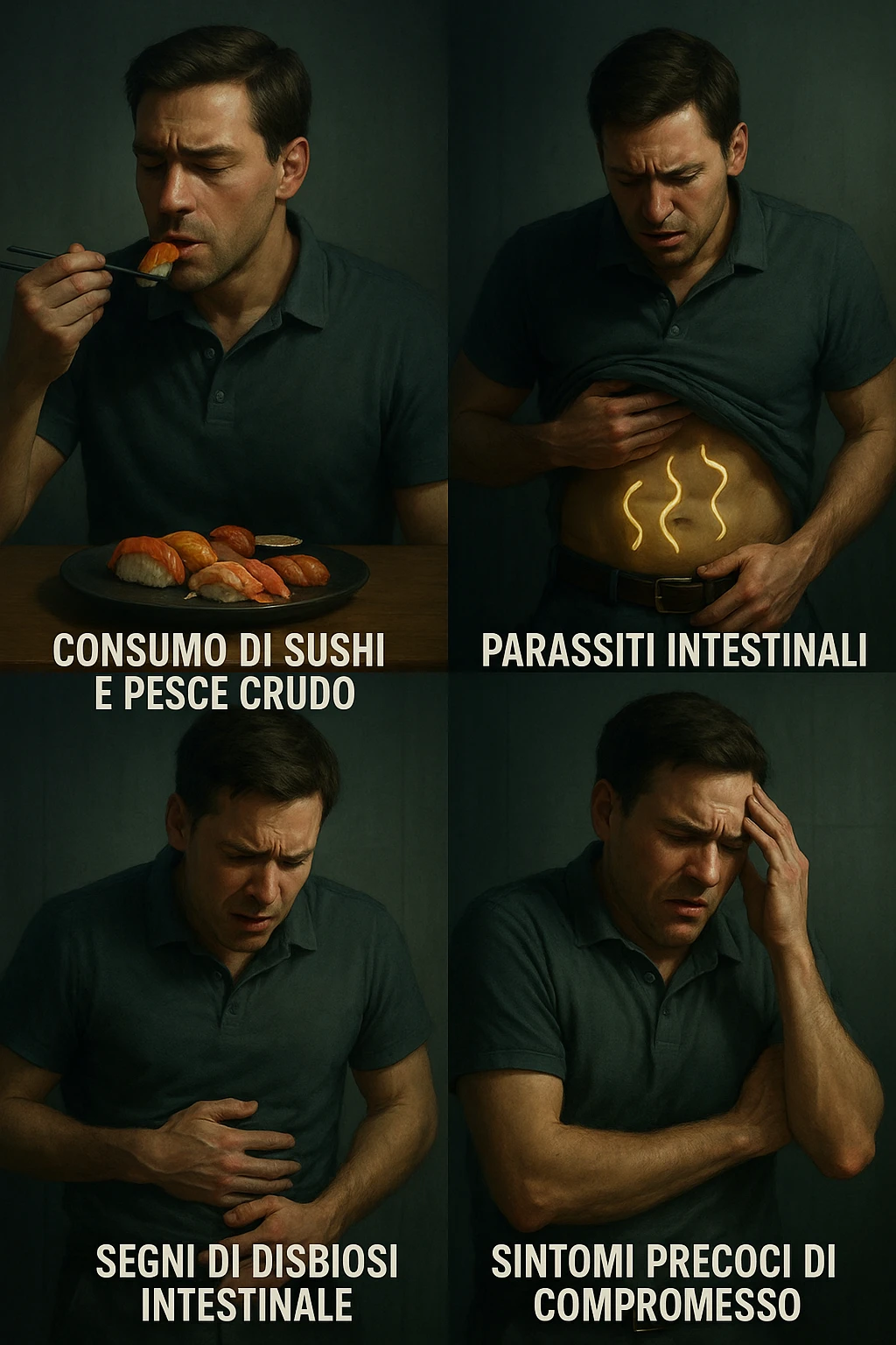 Illustrazione verticale realistica e cinematografica in italiano che mostra la progressione della malattia in più fasi da sinistra a destra: uomo che mangia sushi e pesce crudo, comparsa di parassiti intestinali, segni di disbiosi, primi sintomi di malessere, fino a uno stato di salute compromesso. Atmosfera clinica con luci drammatiche, didascalie in italiano, formato 2:3. emoji