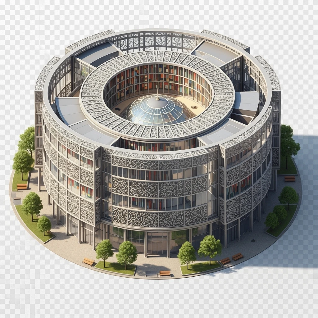 Isometric photorealistic illustration of the Library of Birmingham balanced between stylized and realistic, no cartoonish look, transparent background. emoji