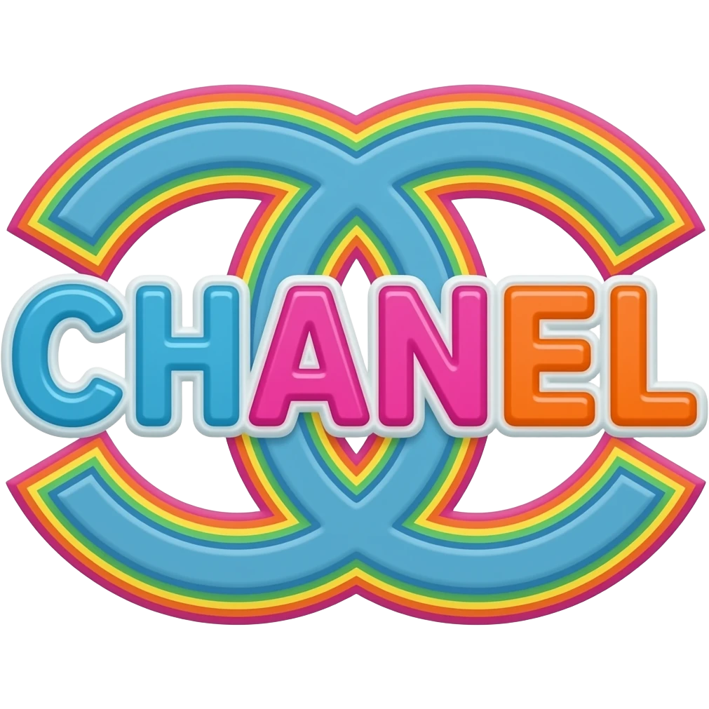 name "Chanel" in blue pink orange 3D style typography lettering, each color of the rainbow as a border outlined around each letter, isolated, 3d rendering, no emoji icons no emoji faces and must have no human figures emoji