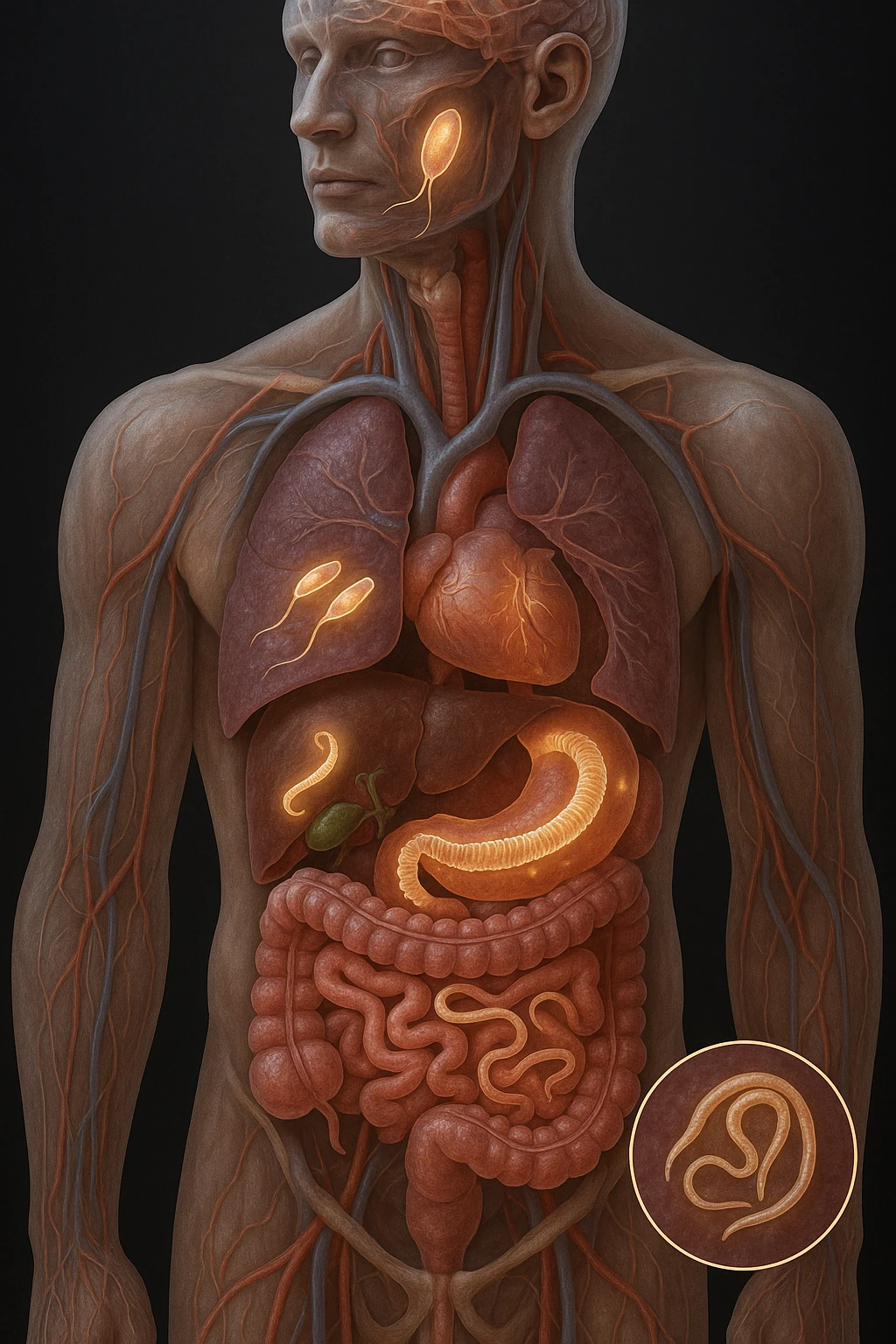 Vertical, hyper-realistic 3D cutaway illustration: the human body is shown in semi-transparent layers, exposing various types of parasites (tapeworms, roundworms, protozoa) inside the digestive tract and other organs. The parasites are rendered in vivid detail, with realistic lighting and shadows. Key areas of infection are highlighted emoji