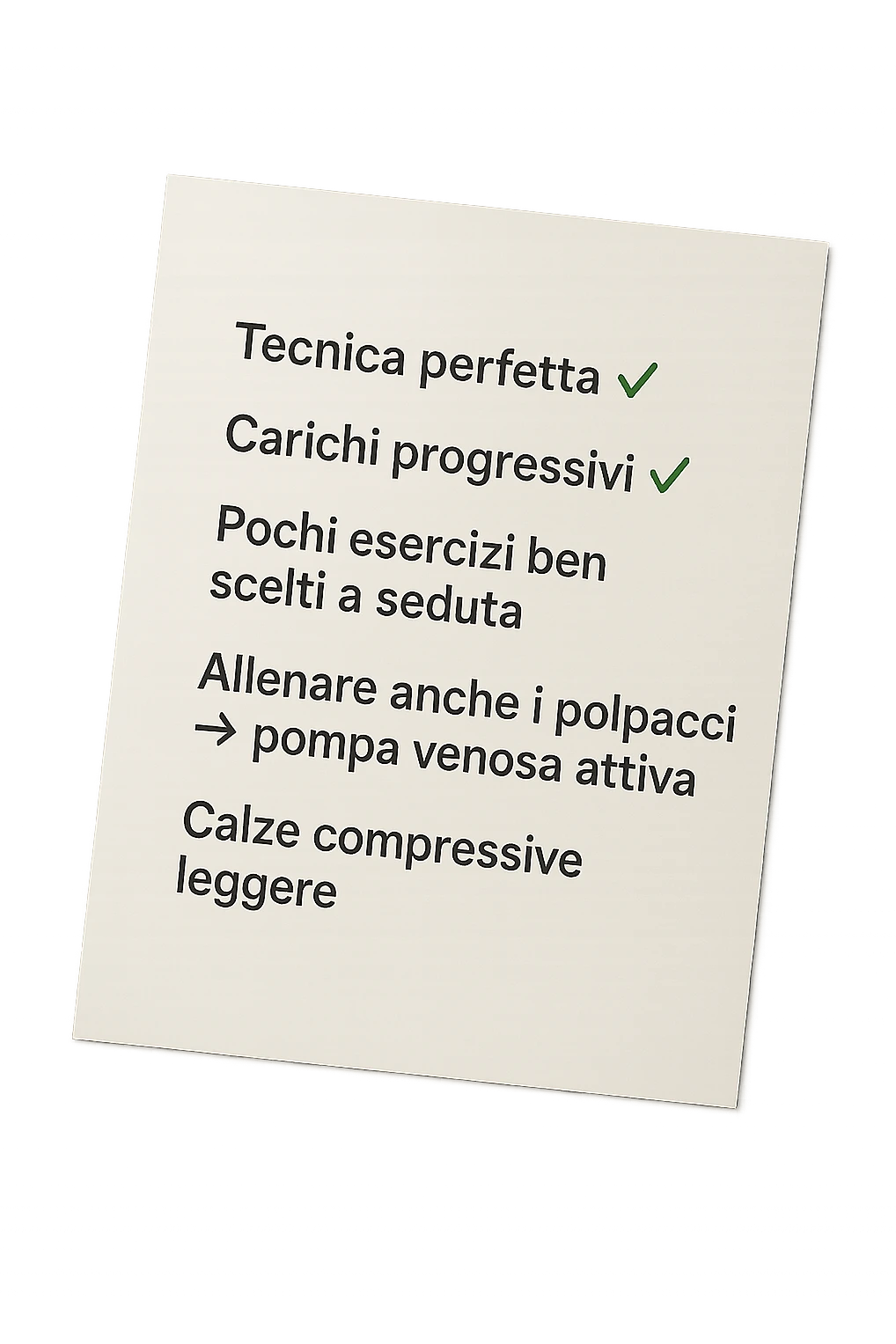 FOGLIO DI CARTA PER L'ALLENAMENTO IN PALESTRA CON LA SCRITTA "Tecnica perfetta
 ✅ Carichi progressivi
 ✅ Pochi esercizi ben scelti a seduta
 ✅ Allenare anche i polpacci → pompa venosa attiva
 ✅ Calze compressive leggere" , IPERREALISTICA 4K emoji