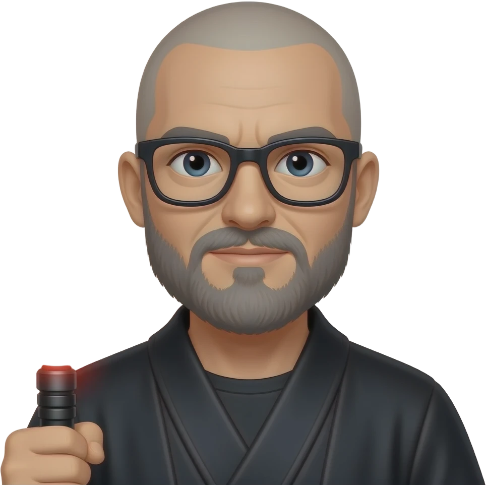 skinhead man with greyish beard black glasses holding red lightsabe emoji