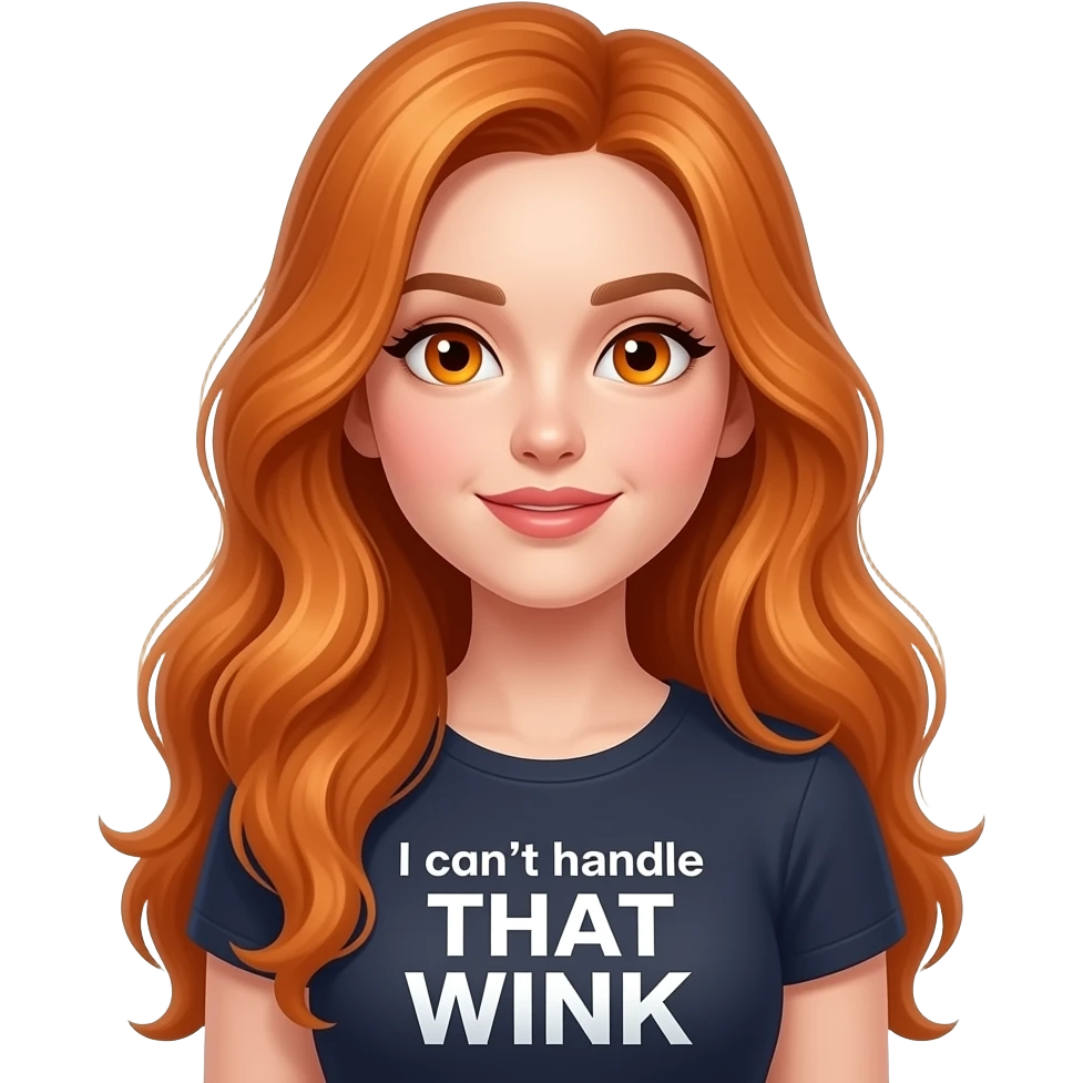 sexy girl with overlong ginger hair and ginger eyes a top with I can't handle THAT WINK written on it emoji