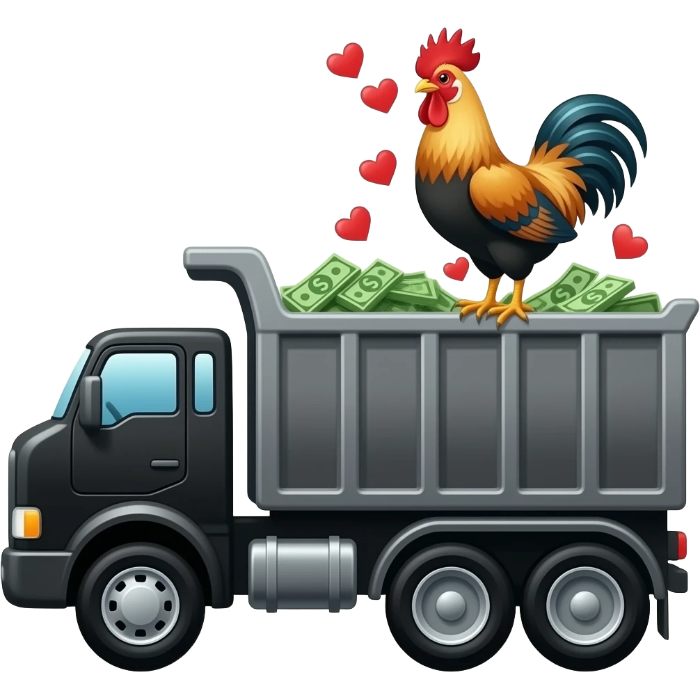 Black dump truck carrying money with hearts and with a driver And a rooster  emoji