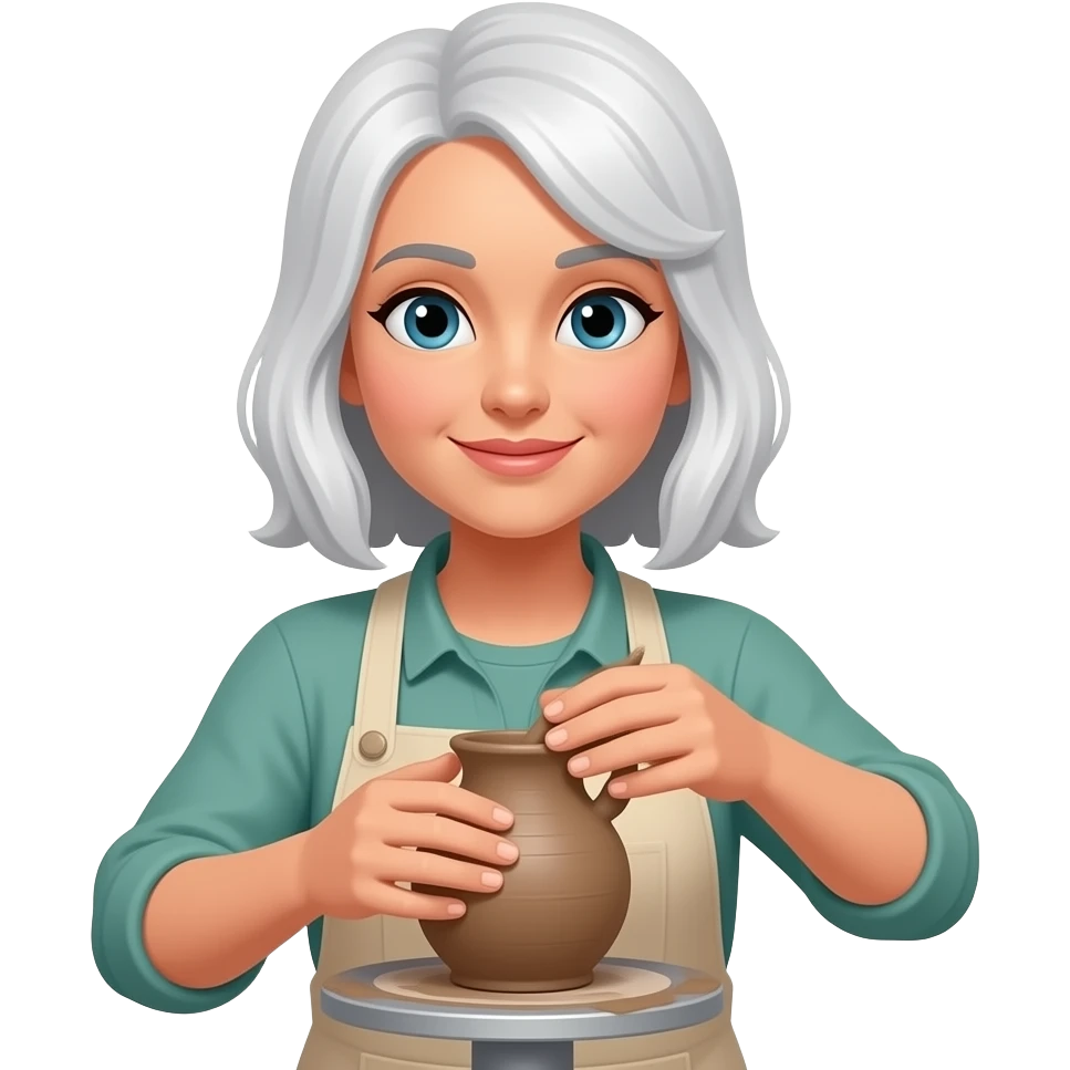 A lady with white hair hand building pottery emoji