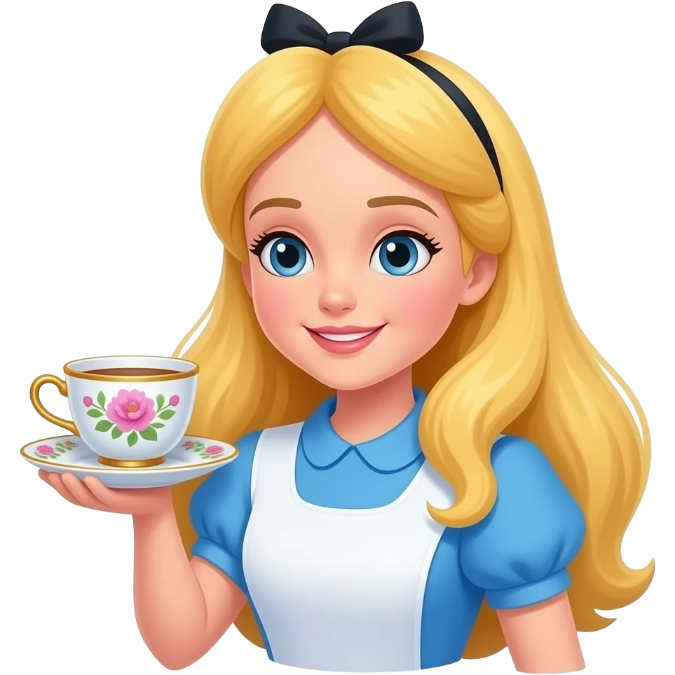 Hyperrealistic alice in wonderland disney princess, holding a tea cup, detailed, colorful, flat vector sticker, high definition, must have no emoji icons, no emoji faces, no human figures. emoji