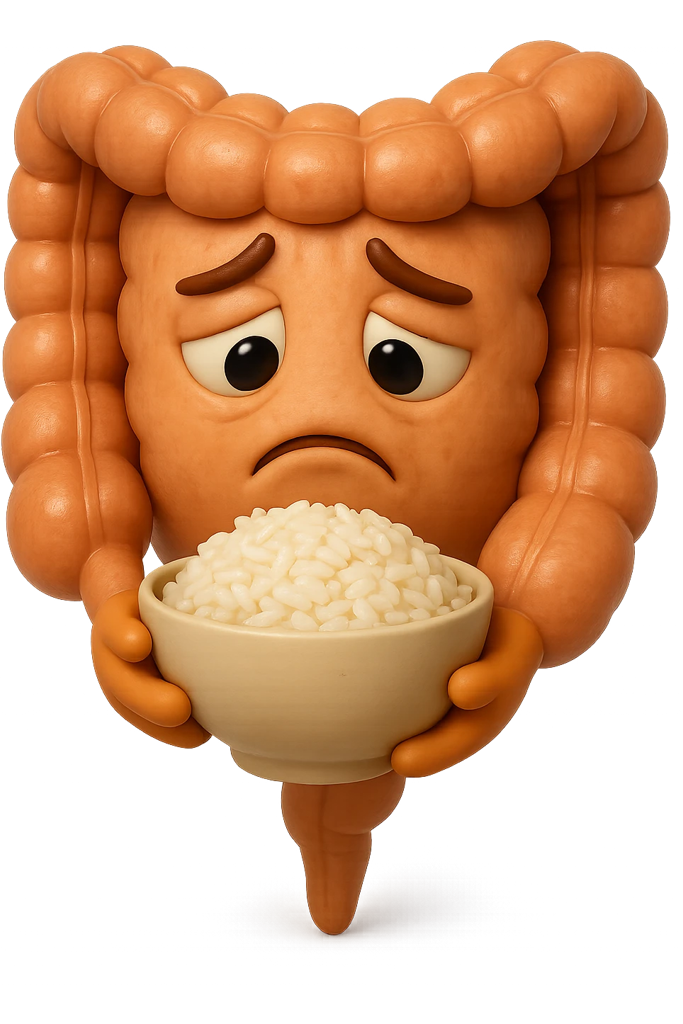 emoji stile iphone 3d di un intestino che guarda una bowl di riso che ha in mano con espressione triste, iperealistico 4k emoji