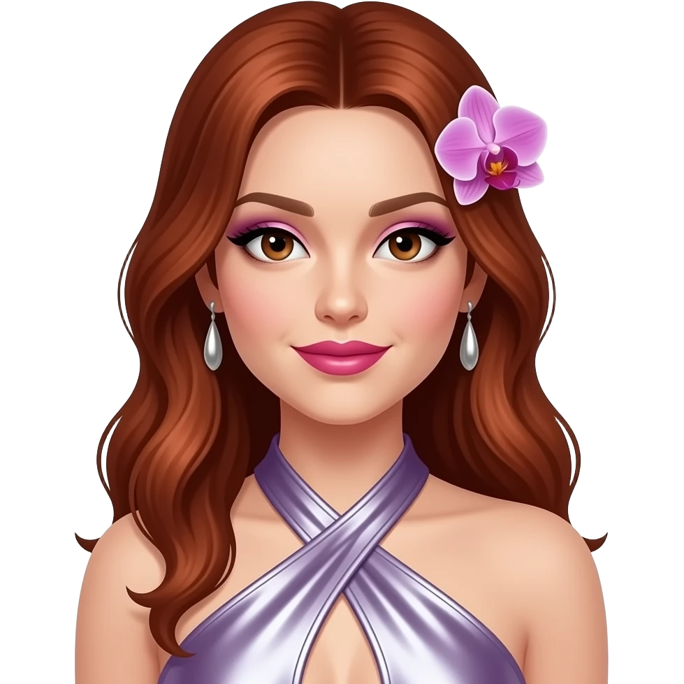 Stefanie Ridel from Wild Orchid with brown eyes, long red hair, orchid eyeshadow, hot pink lipstick, orchid metallic halter dress, silver earrings emoji