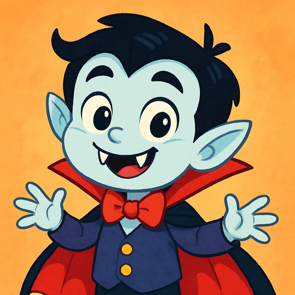 cute cartoon vampire boy, pale skin, smiling with fangs, playful expression emoji
