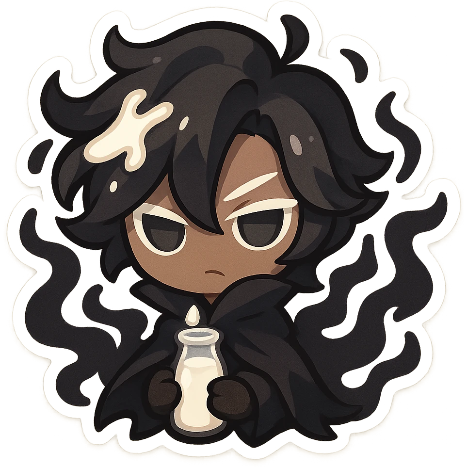 Shadow Milk Cookie as a chibi character, with exaggerated cute features, shadow tendrils, and milk accents emoji