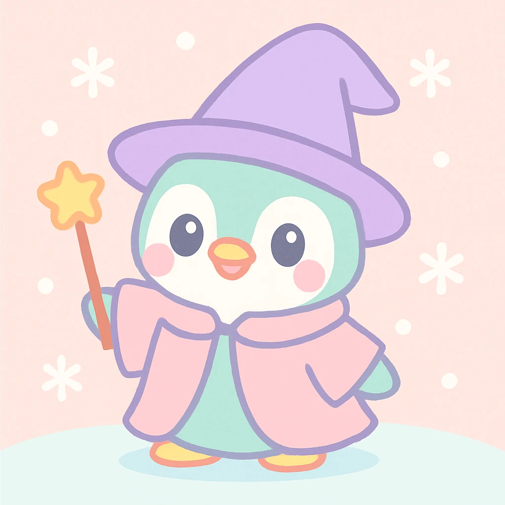 cute and charming penguin wizard wearing robe and hat, snowy background emoji