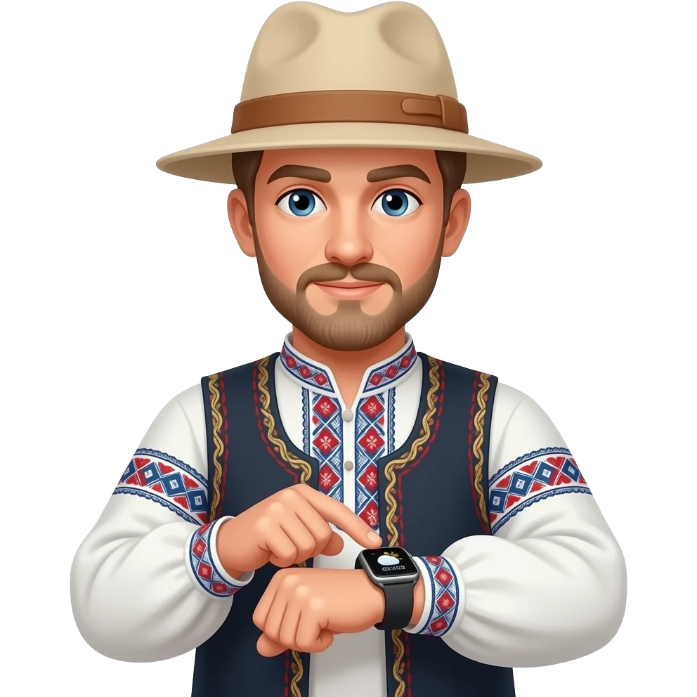 a russian peasant with hat in national suit looking to apple watch wearing on hand for weather forecast emoji