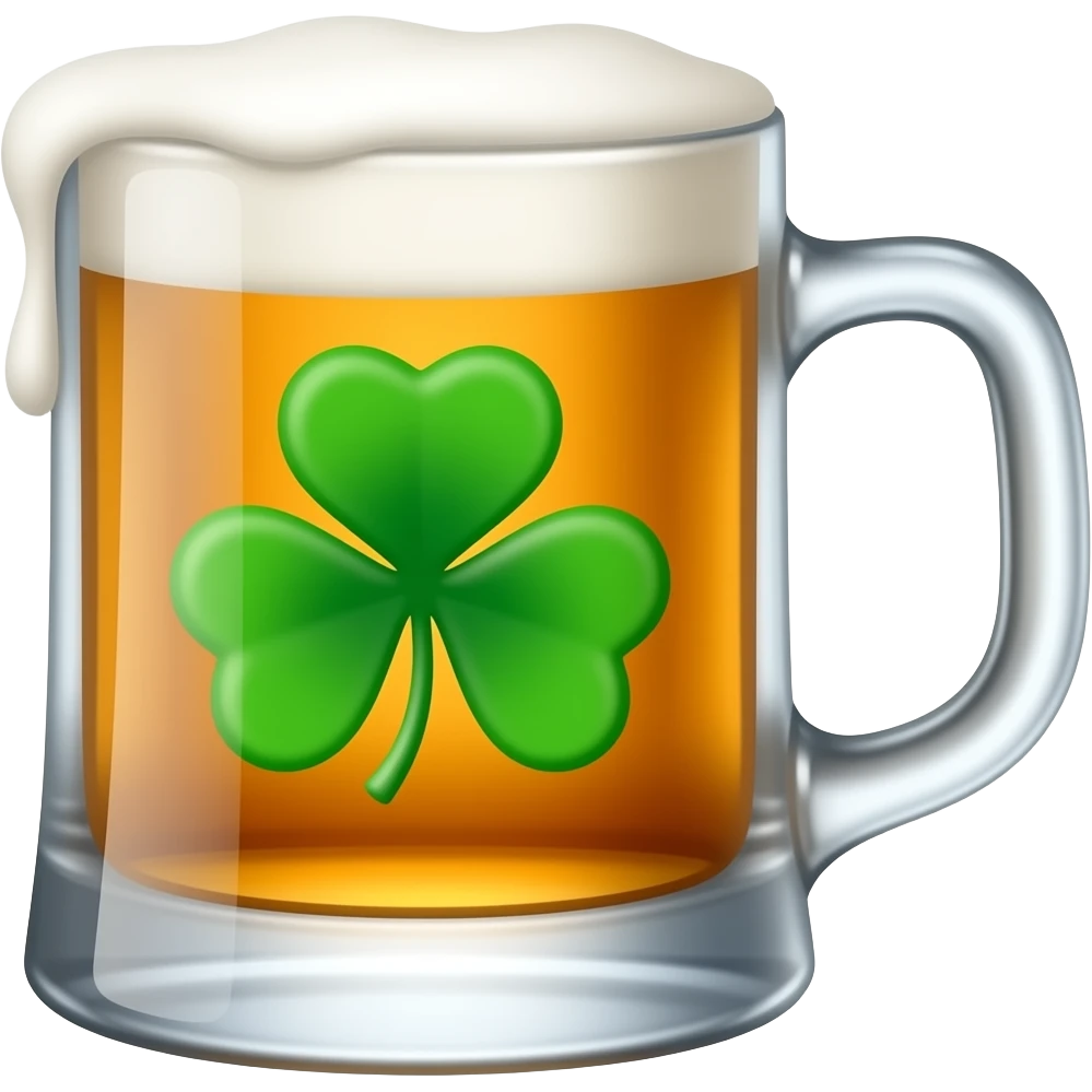 McCarthy's Irish Pub: 3D emoji style, glossy surface, soft shadows, white background, centered, no text, mug of beer with four leaf clover on it, bright green, emoji