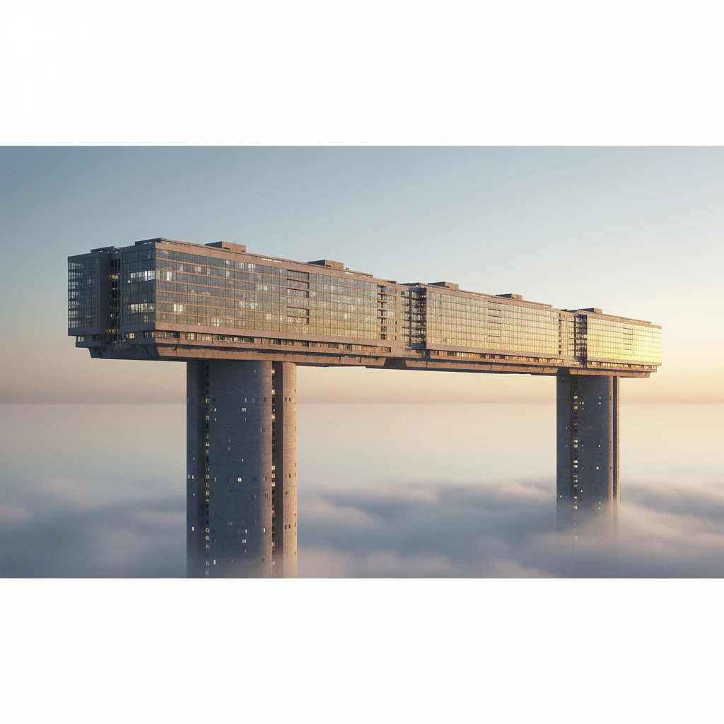 Три панельки, объединенные в одно длинное суперздание. Оно стоит на двух высоких стойках, которые как опоры держат ее на себе. Внутри стоек есть окна (они жилые).

Фотореализм. Абсолютно прозрачный фон emoji