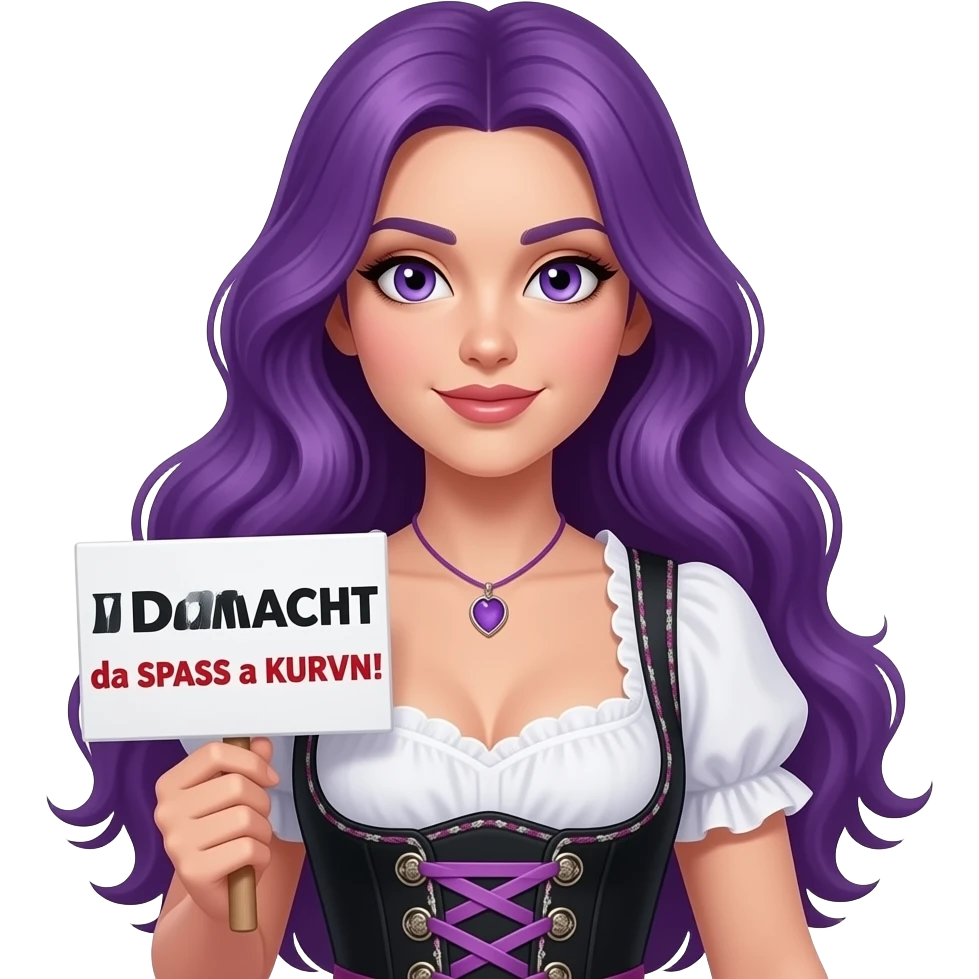 sexy girl with long purple hair and purple eyes wearing a dirndl holding a Da MACHT da SPASS a KURVN!sign emoji