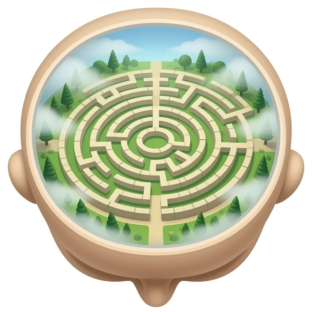 a view from above into the open human head, which contains the space of the ancient labyrinth emoji
