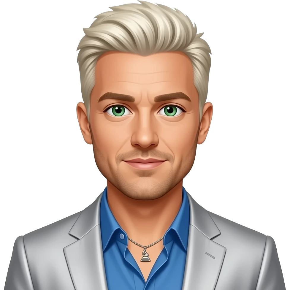 Lance Bass from NSYNC with green eyes, white blonde hair, grammy blue shirt and silver suit jacket, necklace emoji