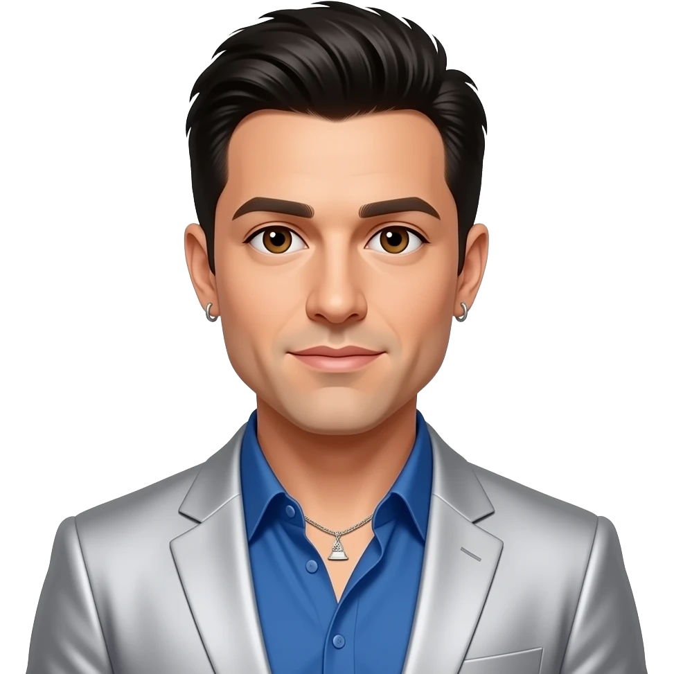 Chris Kirkpatrick from NSYNC with brown eyes, black hair, grammy blue shirt and silver suit jacket, necklace and earrings emoji