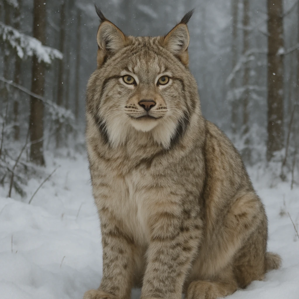 realistic canada lynx with detailed fur, sitting in a snowy background emoji