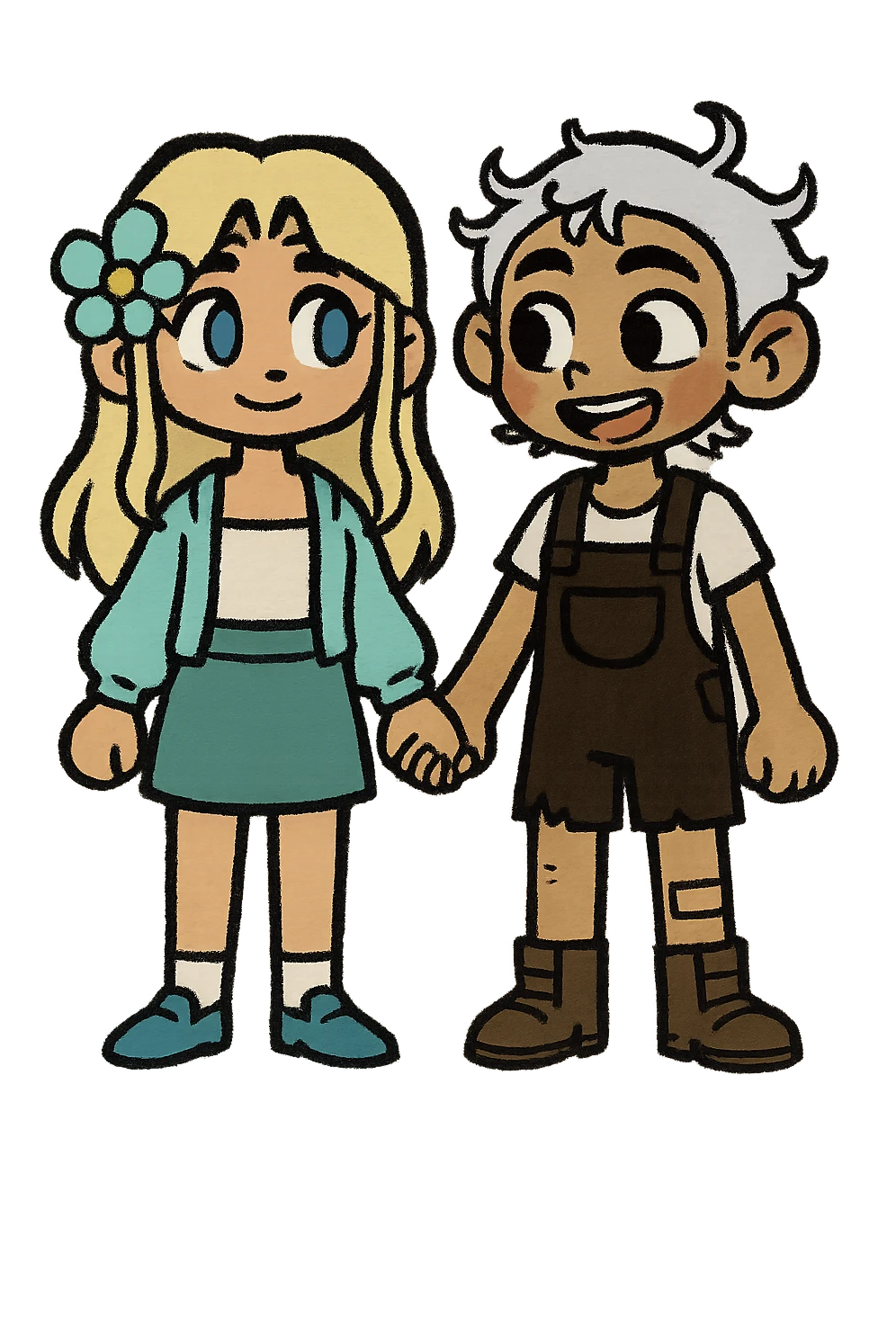 Combine these two cartoon characters as a couple, both standing front and side by side, matching their style, with a transparent background. The style should harmonize the look of both characters in a cohesive cartoon style. emoji