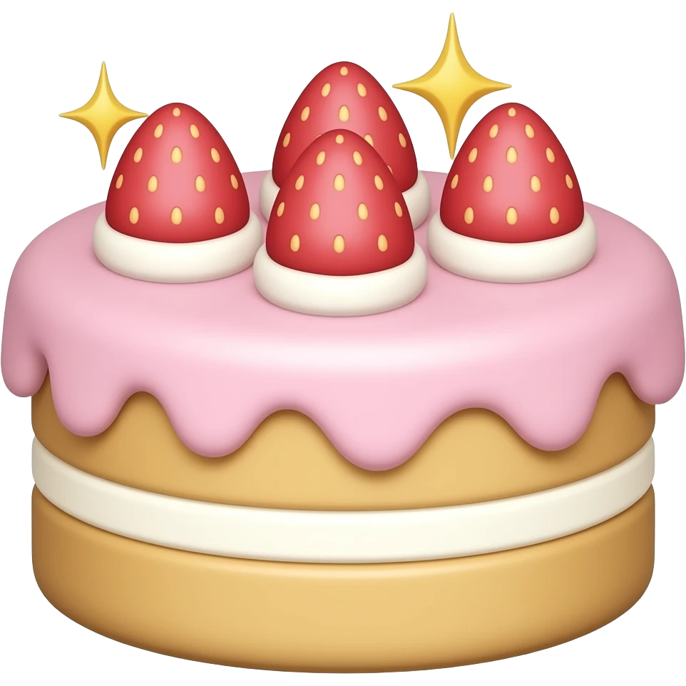 cute pastel celebration cake emoji, beautiful layered cake with pink cream frosting, strawberries and sparkles on top, kawaii dessert style, soft pastel colors, simple emoji design, sticker style, transparent background emoji