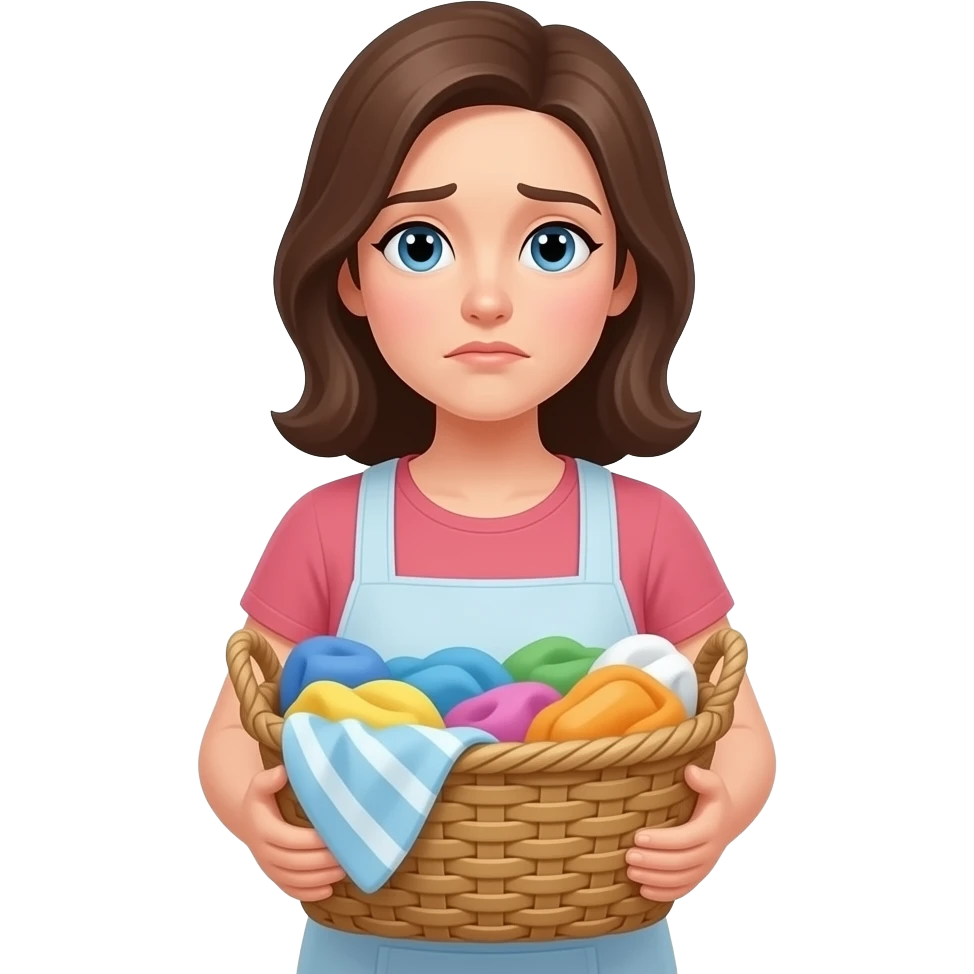 woman holding laundry basket, slightly tired expression, soft eyes, subtle fatigue but still composed, minimalist flat illustration, pastel palette, consistent style, same character design, no background. expressive face, subtle emotions, cinematic storytelling style emoji