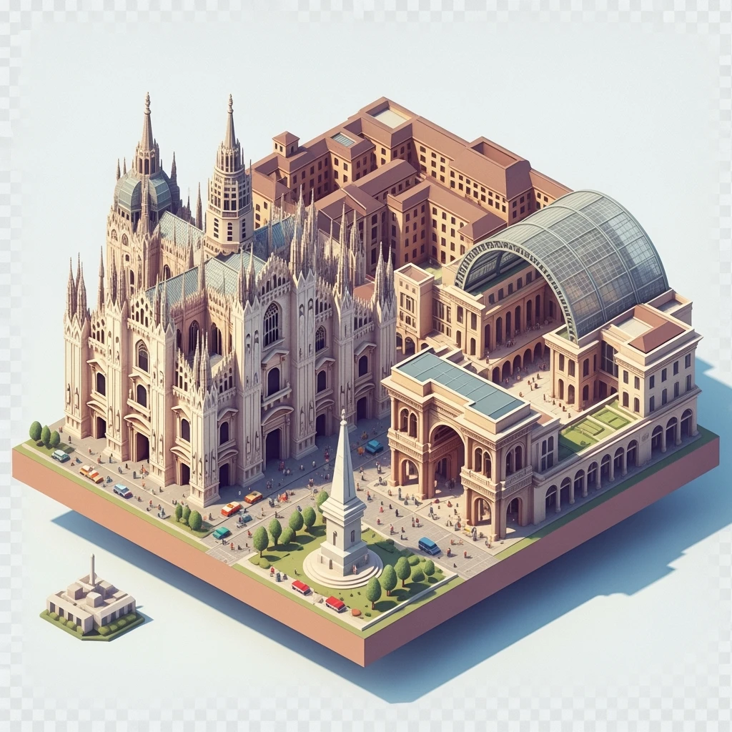 Isometric Milan with the Milan Cathedral (Duomo di Milano) and Galleria Vittorio Emanuele II arcade, toy-style elements, soft shadows, pastel diorama style, transparent background emoji