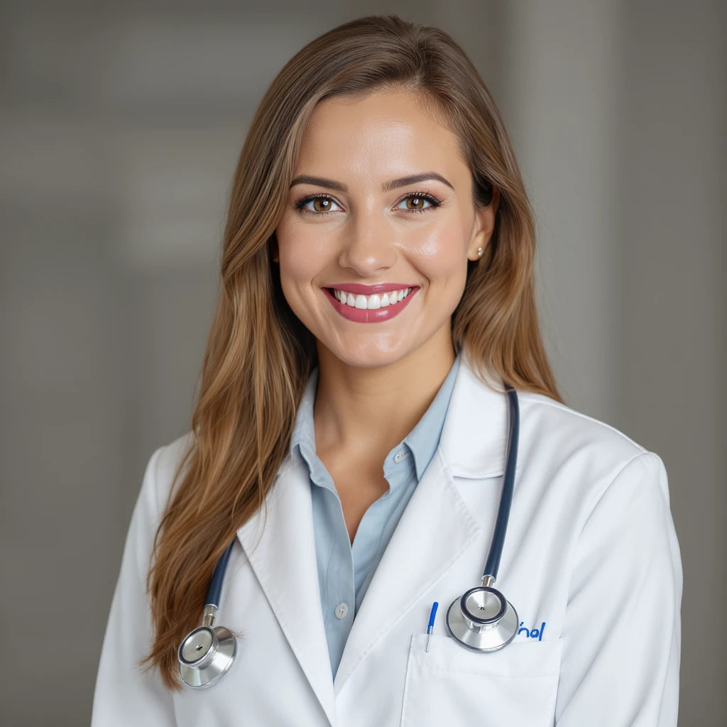 realistic female doctor, smiling, white coat, stethoscope, neutral background emoji