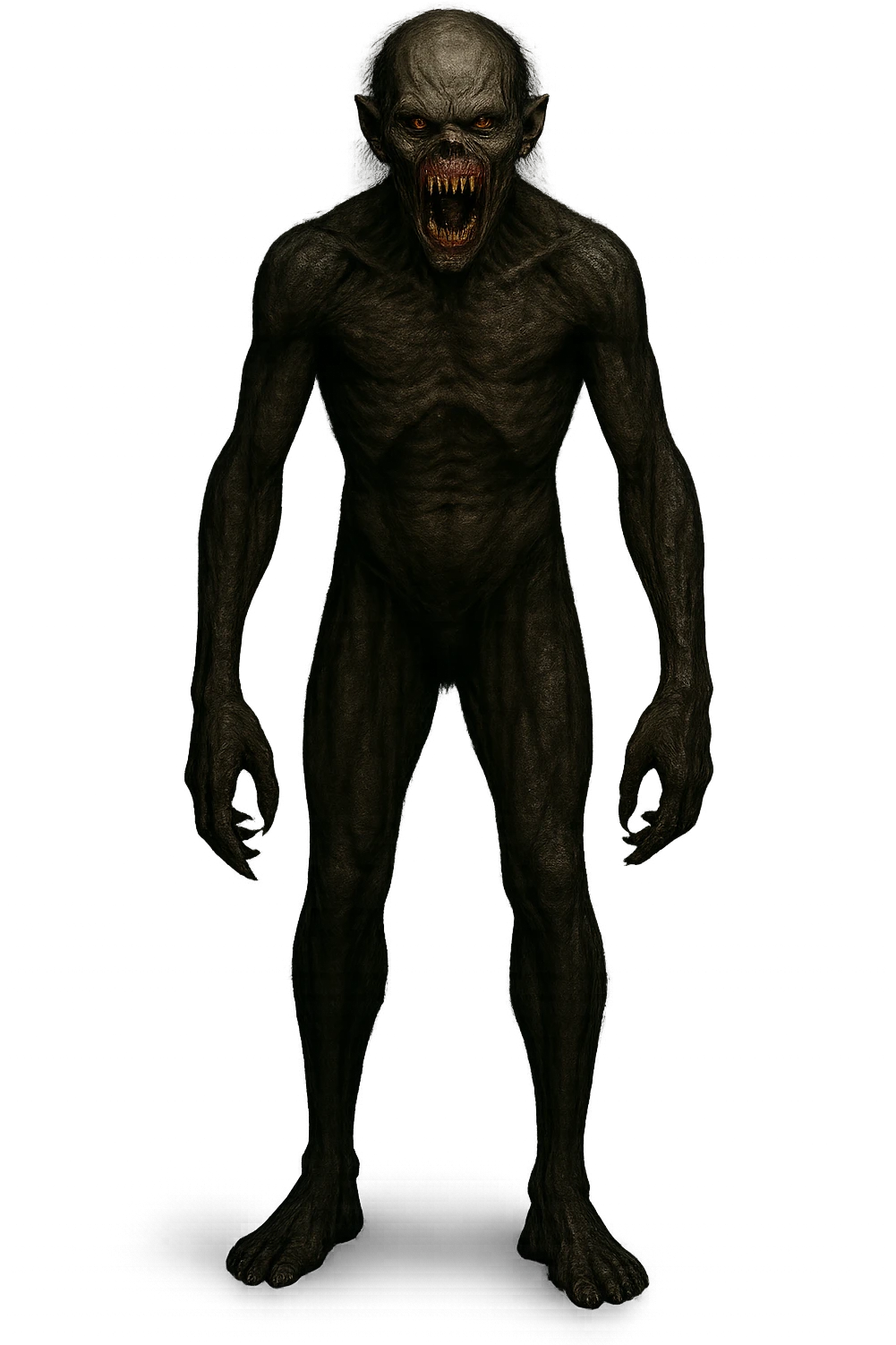 Show the entire monster, make it look huge and terrifying, hyper-realistic, horror style with sharp teeth and menacing eyes, dark atmosphere, no background. emoji