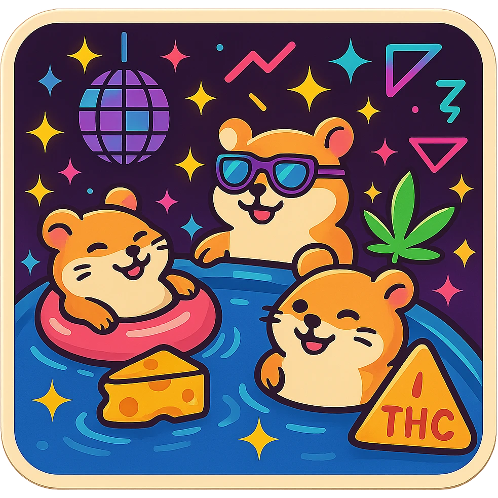 Make the pool party scene a night scene with a dark sky, glowing disco ball, neon pool lights, and sparkling stars. Keep the retro nostalgia style, weed, cheese, and THC theme, and preserve transparency if present. emoji