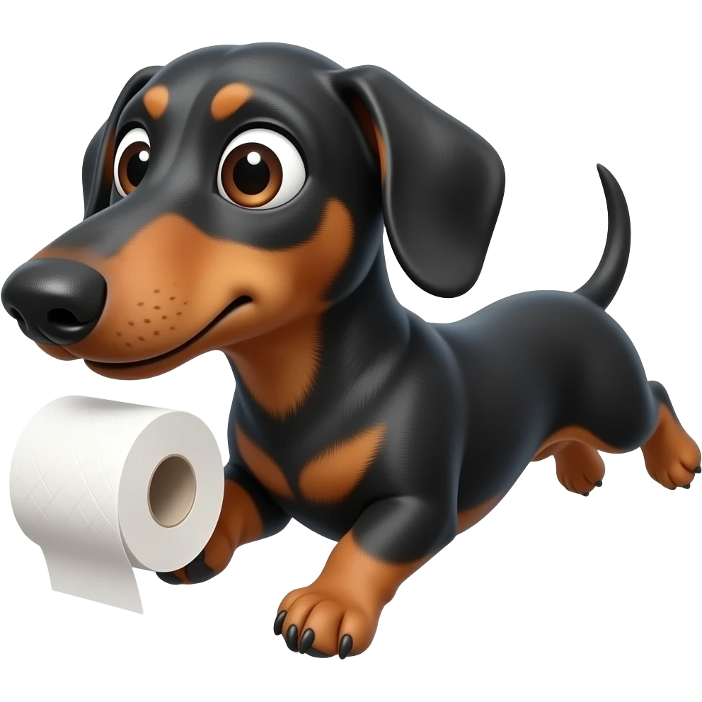 whimsical dachshund wide eyes full body chasing toilet paper emoji