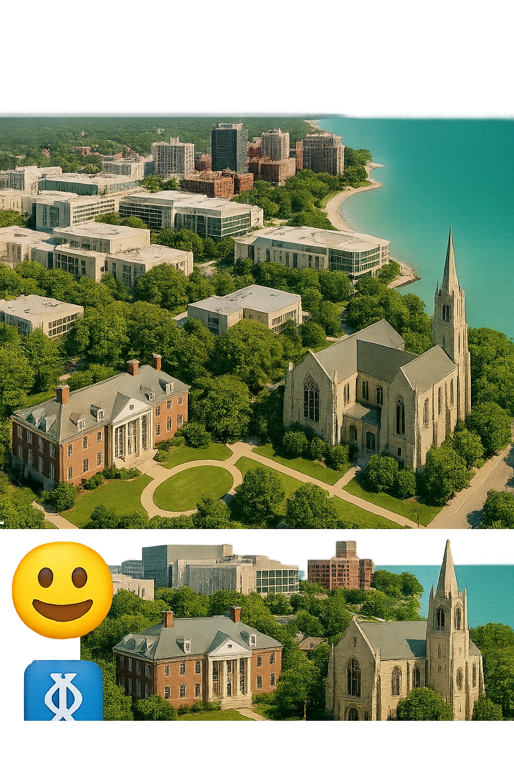 cinematic realistic emoji of Evanston, Illinois, city view with Northwestern University campus, Lake Michigan shoreline, downtown Evanston, Sigma Chi International Fraternity Headquarters building, and Levere Memorial Chapel (Sigma Alpha Epsilon HQ), lifelike detail, accurate colors, bright daytime, no sky, no clouds, transparent background emoji