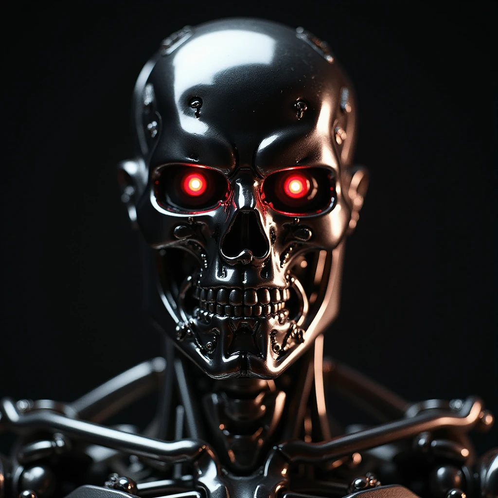 Terminator robot head, metallic, red glowing eyes, realistic style, inspired by the 'I'll be back' scene, dramatic lighting emoji