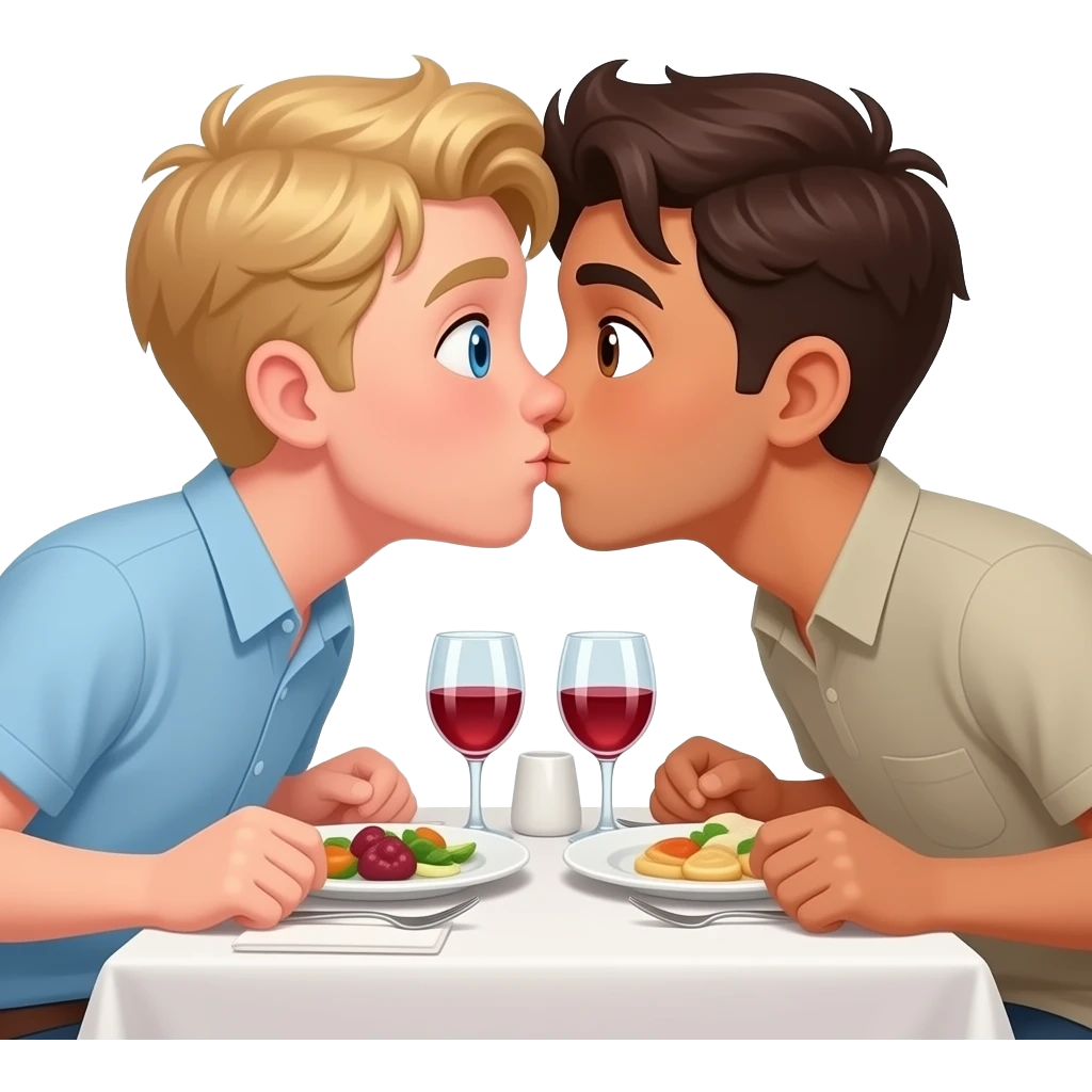 Make a young gay male teen couple kissing on a Date , one has light Skin with Blond Hair and Blue Eyes, the other one has slightly brown skin witz dark Brown Hair and Brown Eyes. They are on a date having dinner. They are kissing. emoji