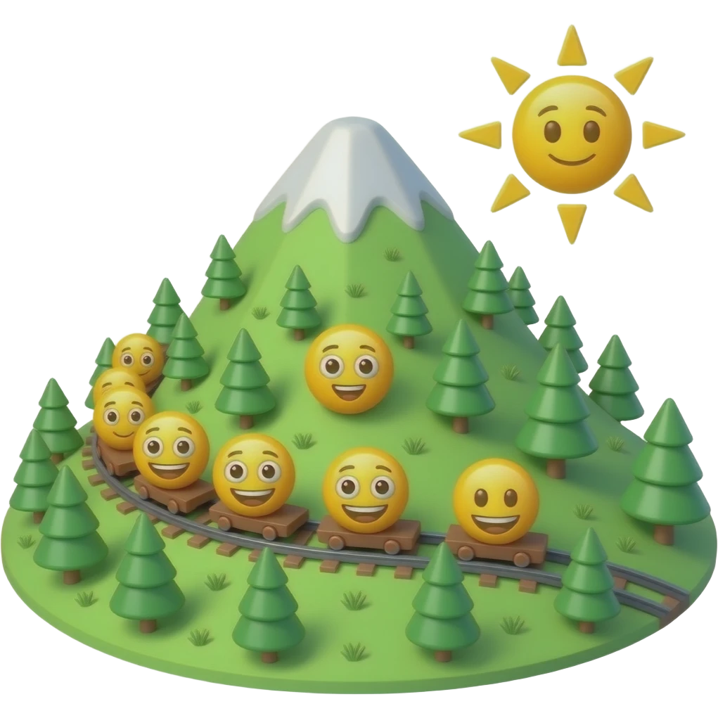 Emoji style train on a mountain of grass lots of trees and a sun emoji