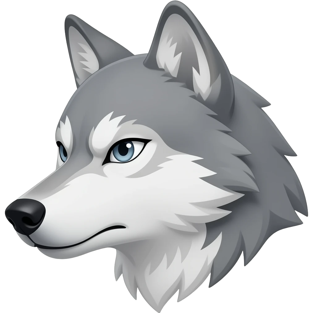 angry face soft light gray wolf head little bit anime eyes realistic Turn sideways light blue gray eyes dead stare emoji