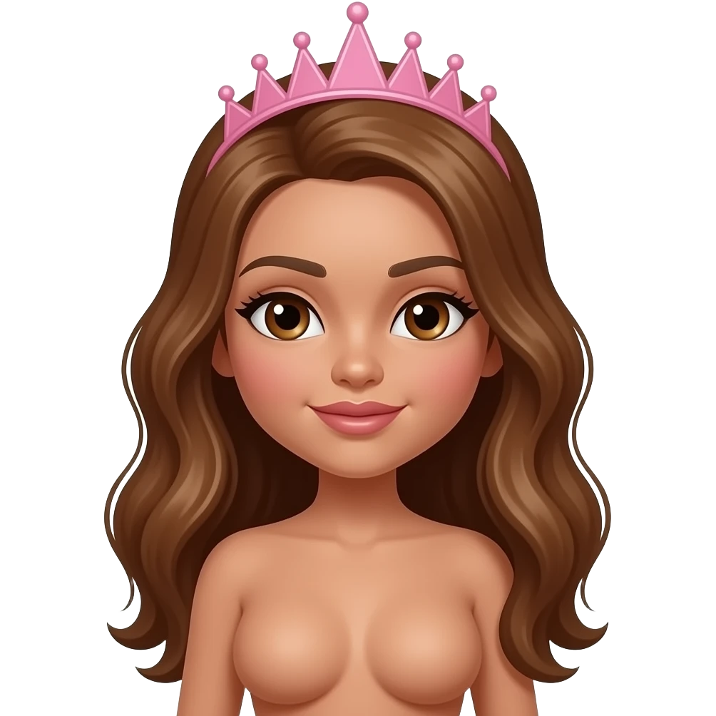 with pink tiara, Dark brown eyebrows,Dark brown skin, Doll shaped face, doll eyes, wavy with side part longer straightened honey brown hair, big breast no bra emoji