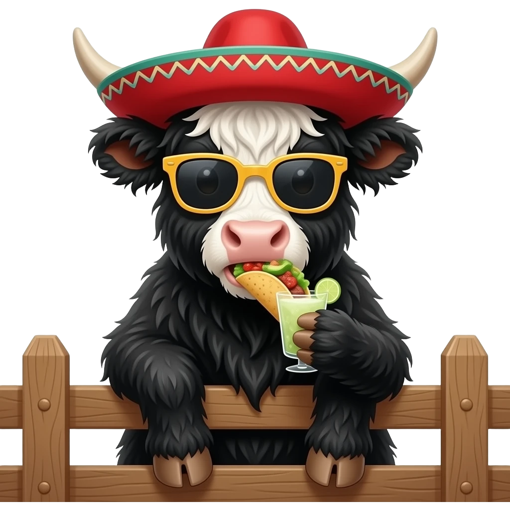cute animated highland cow eating tacos and guacamole,wearing a pancho sunglasses and sombrero drinking a margarita emoji