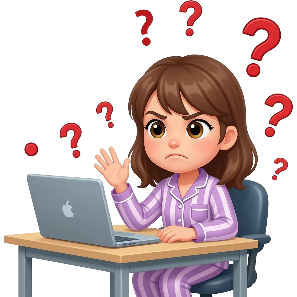 a girl in her pajama sitting at the desk turning around to us with disgusted expression and raised eyebrows - around her there are red question marks in the air and the writing: Nu chto?? emoji