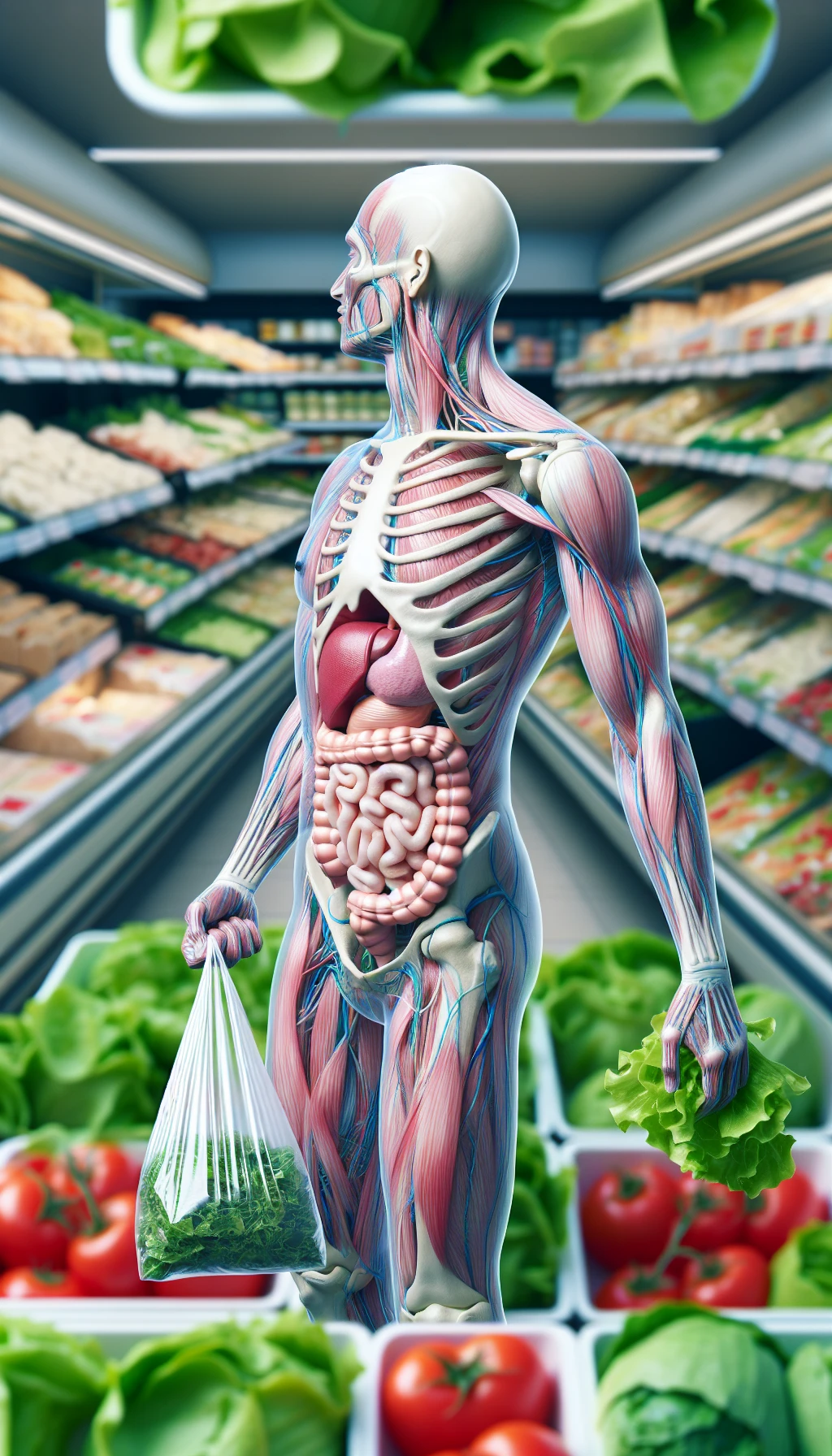 corpo umano anatomico in un supermercato che tiene in mano una busta di insalata di plastica, supermercato sfocato sullo sfondo emoji