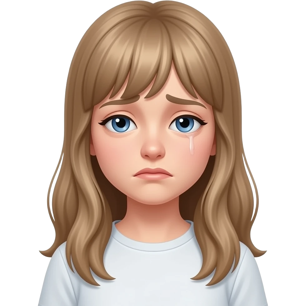 a young woman with long light brown hair and fringe and blue eyes  is very exhausted emoji