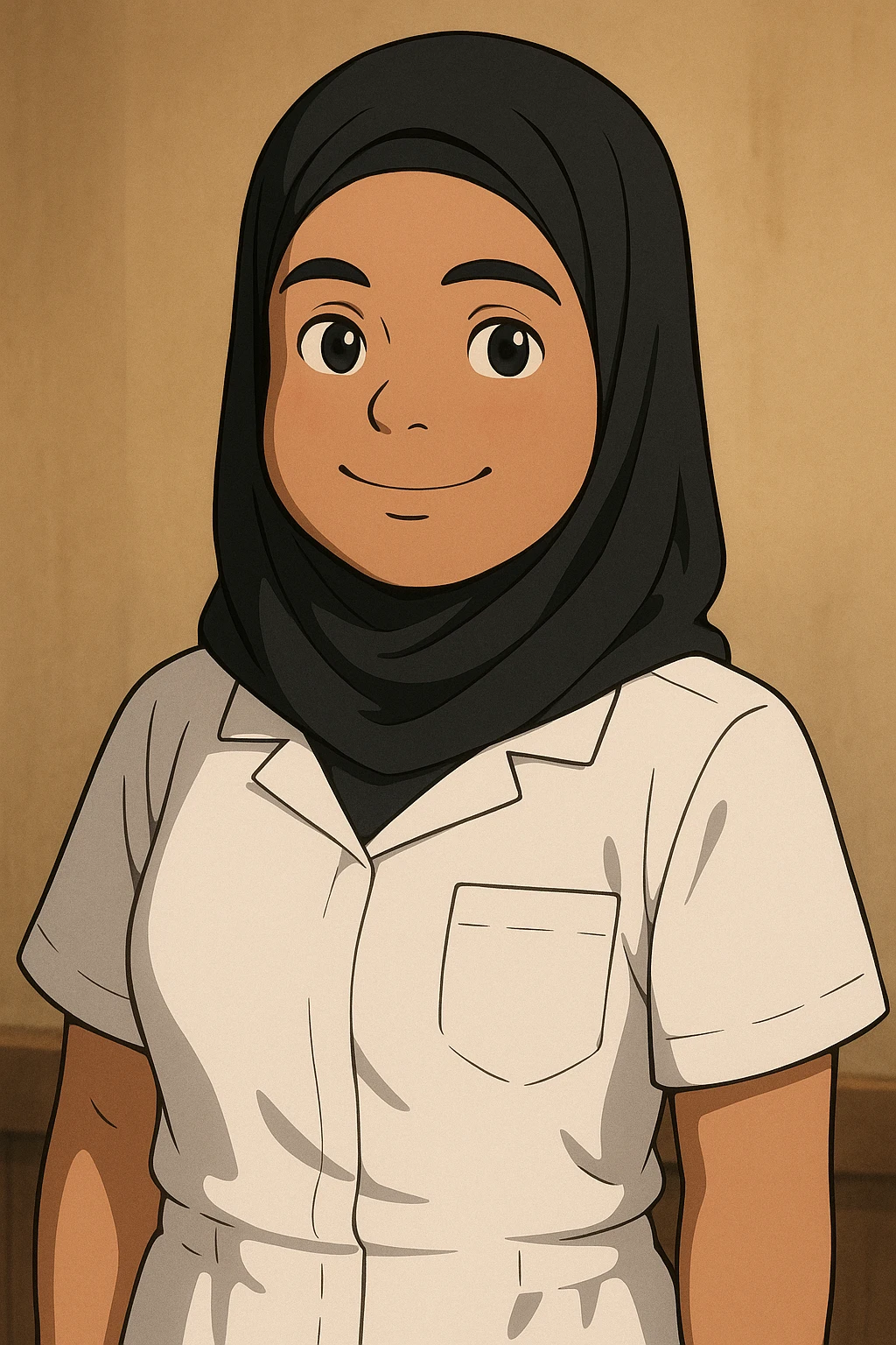 Portrait Ghibli style of a student nurse in a white short-sleeve nursing uniform with a V-neck medical tunic, left chest pocket, no collar stand, no stethoscope, warm indoor ambiance, neutral wall-style background, no clothing under the tunic. emoji